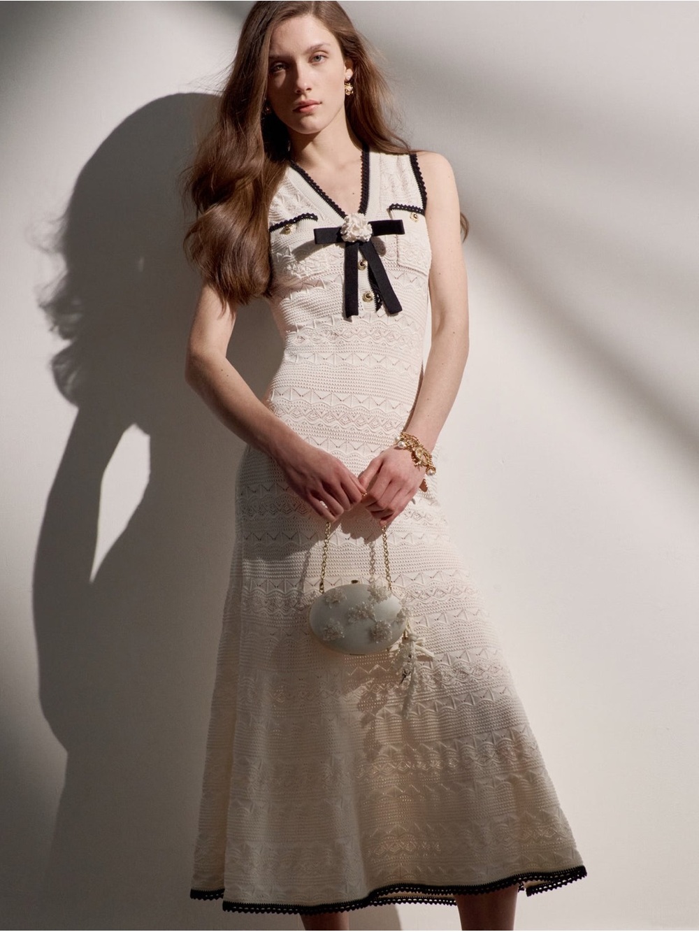 NWOT Self-Portrait WHITE POINTELLE KNIT BOW MIDI DRESS